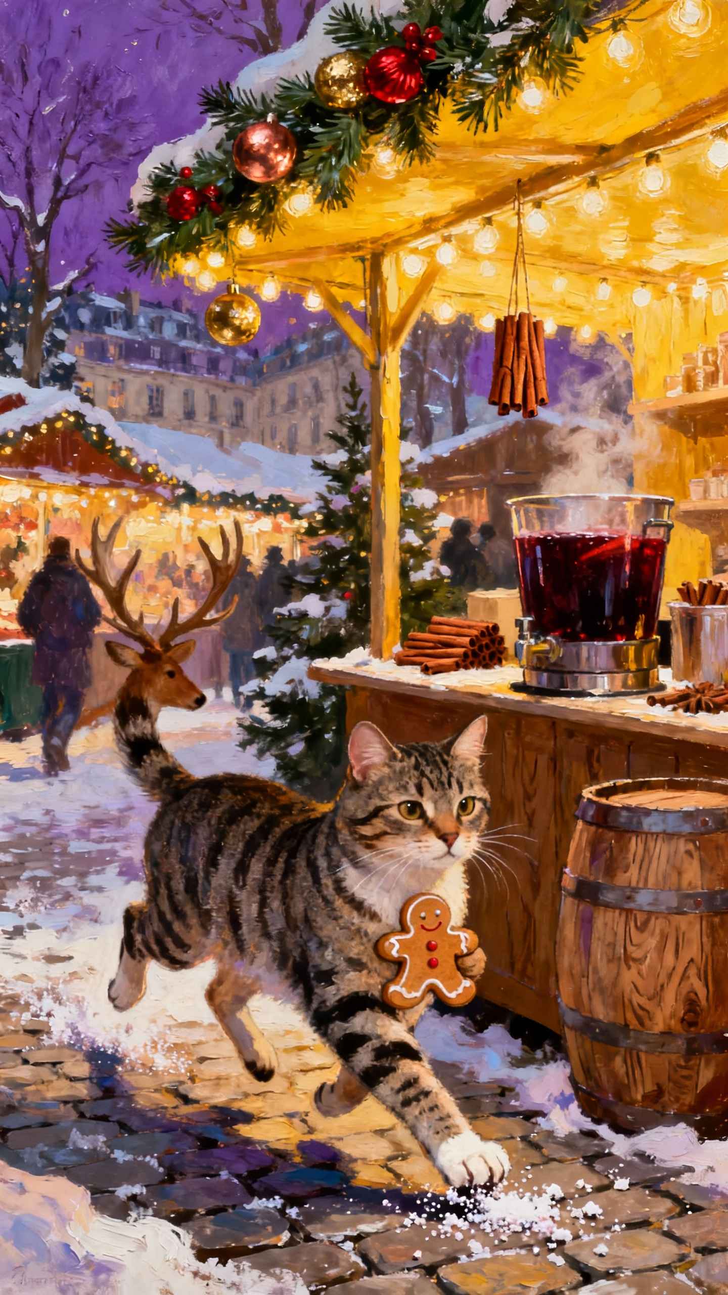 Festlicher Weihnachtsmarkt & Rentier-Katze - 4K Hintergründe