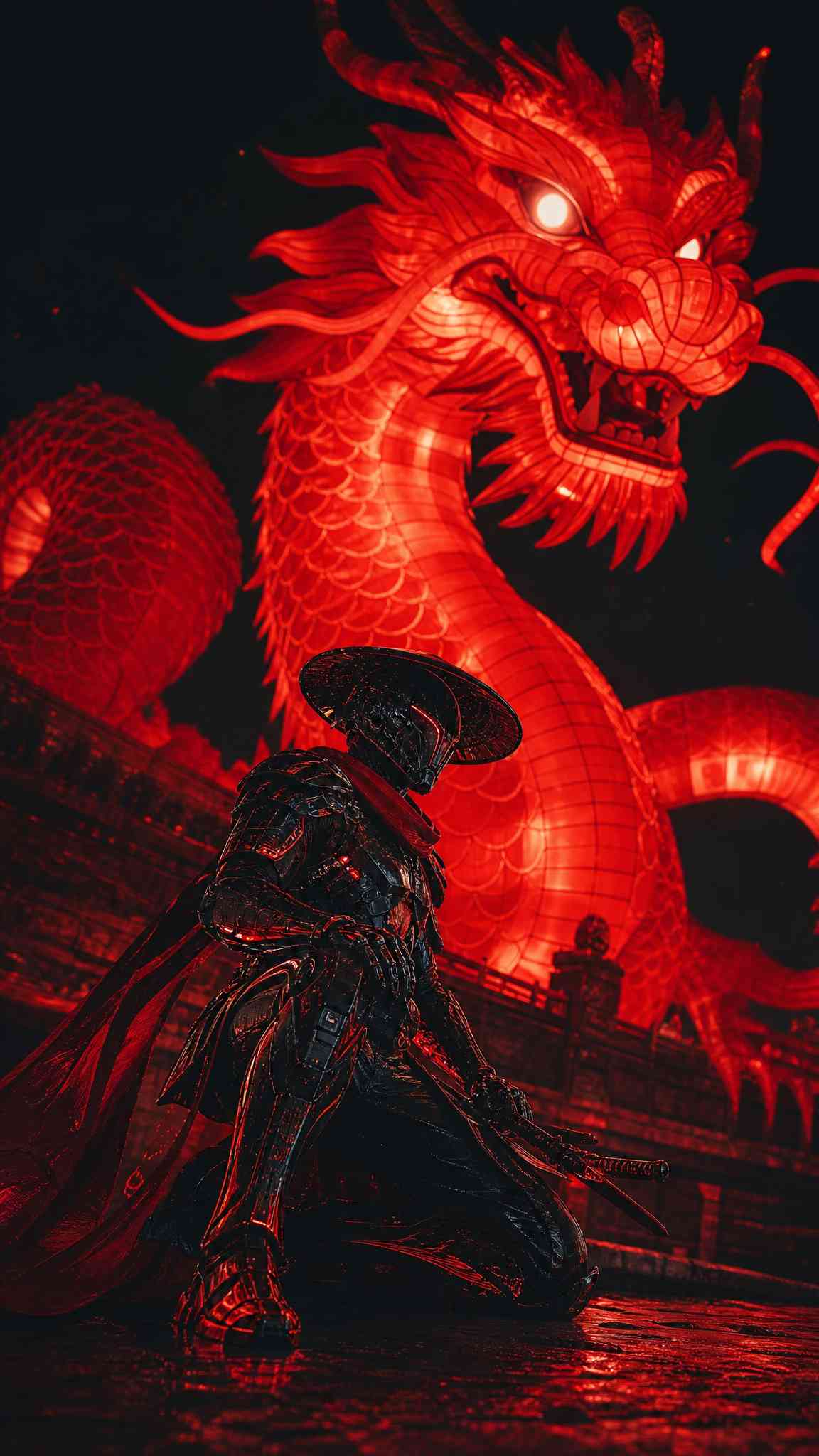 Cyber Samurai Red Dragon - 4K Phone Wallpaper