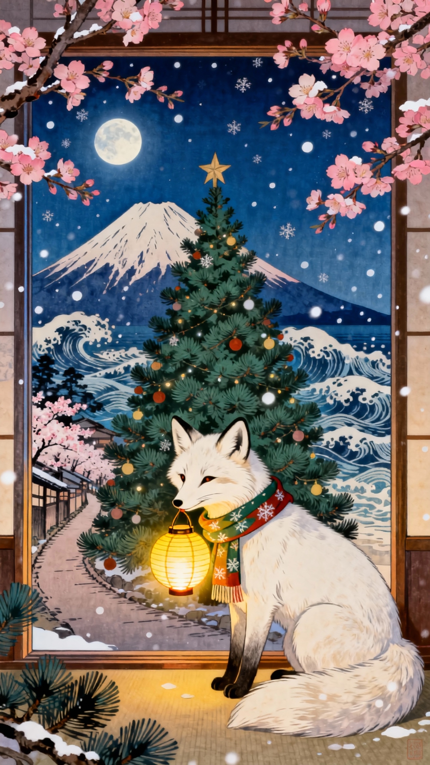 Kitsune de Noël et Mont Fuji - Arrière-plan 4K