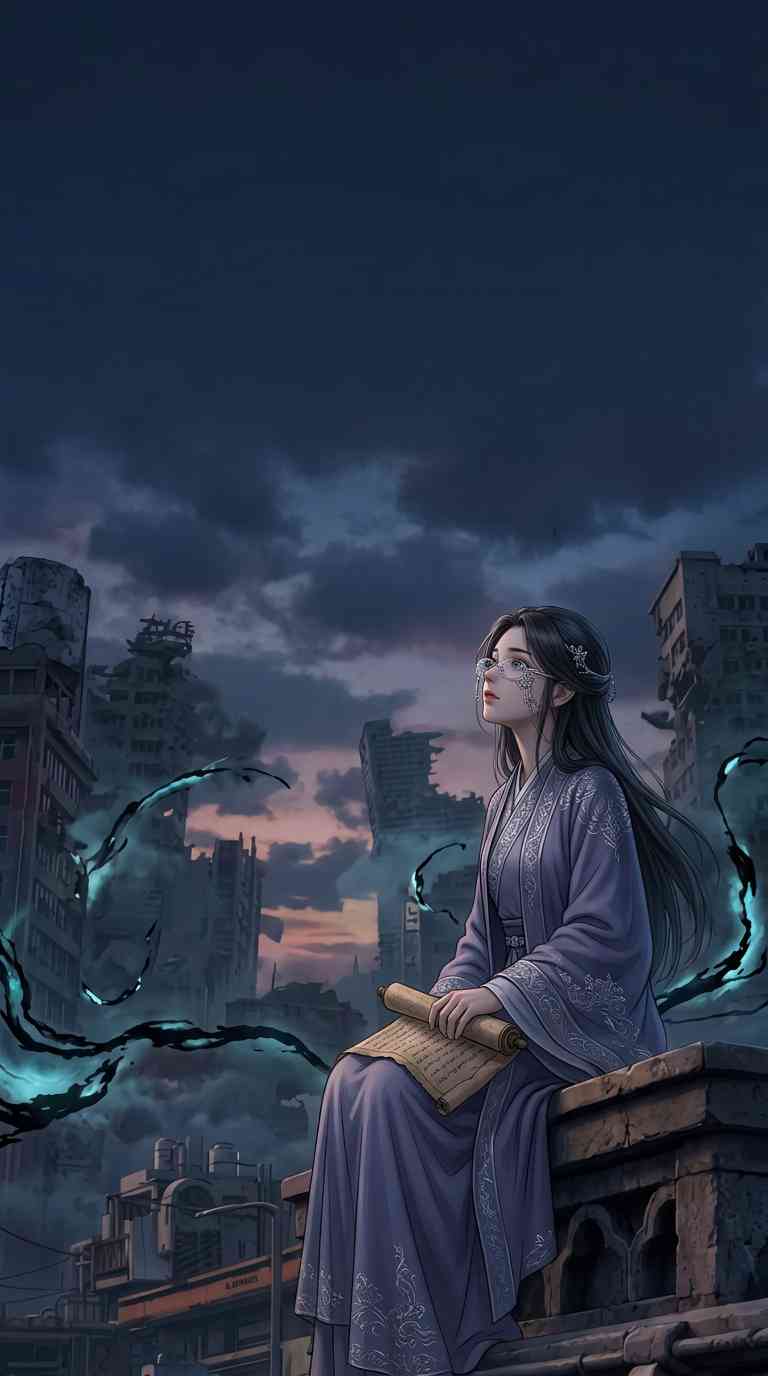 Hanfu Mädchen & Dystopische Stadt - 4K Wallpaper
