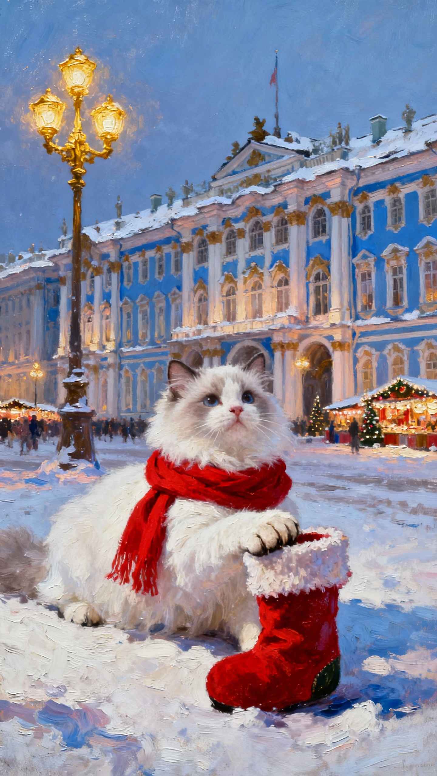 Gato Navideño en Palacio de Invierno - 4K Fondos de Pantalla