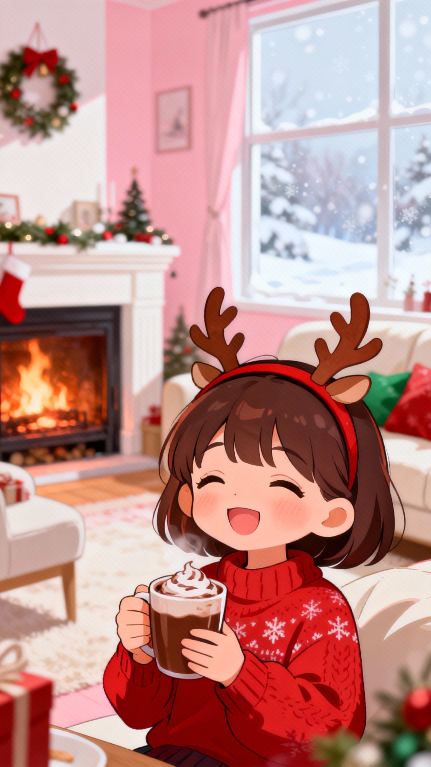 Christmas Anime Girl Reindeer Style - 4K Wallpaper