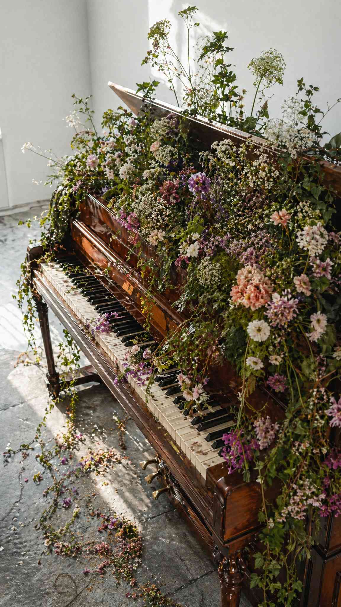 Vintage Piano Adorned with Wildflowers 4K Wallpaper