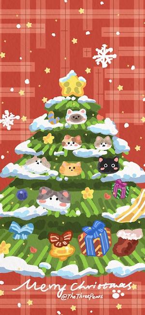 Árbol de Navidad con Gatos - Fondos para Celular 4K