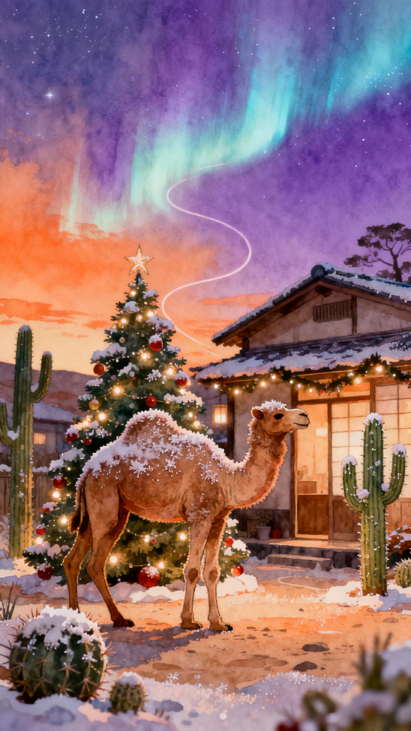 クリスマスラクダと冬の和風景色 - 4K壁紙