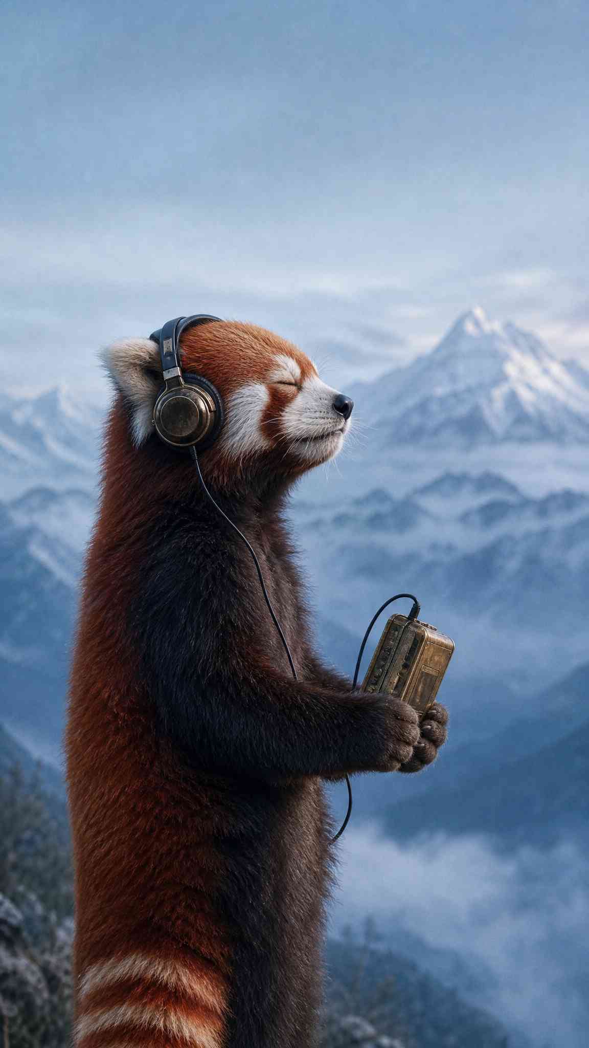 Serene Red Panda with Headphones in Mountains 4K Wallpaper