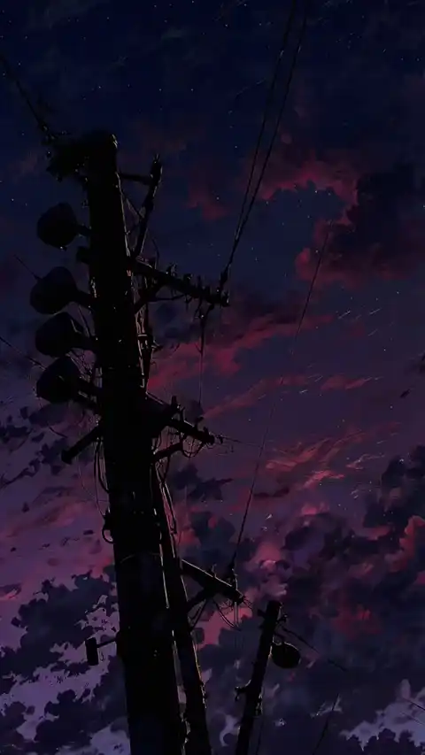 電柱と紫の星空 - 動く壁紙