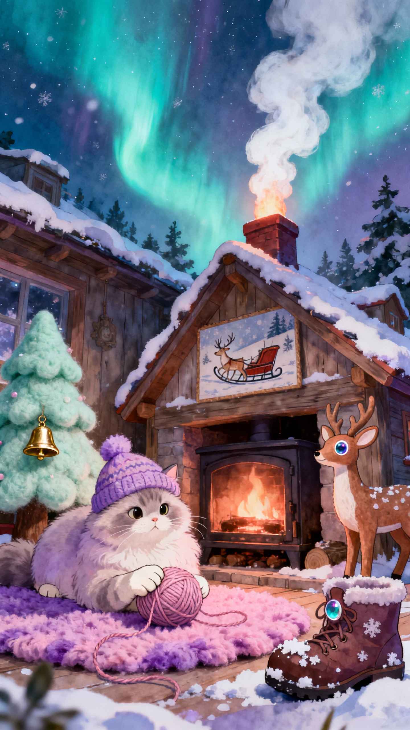 Winterliche Katze & Polarlichter - 4K Wallpaper
