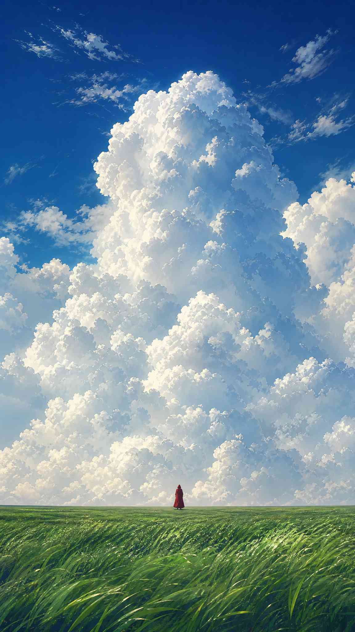 Solitary Figure in Red Cloak: Green Field & Fluffy Clouds Wallpaper