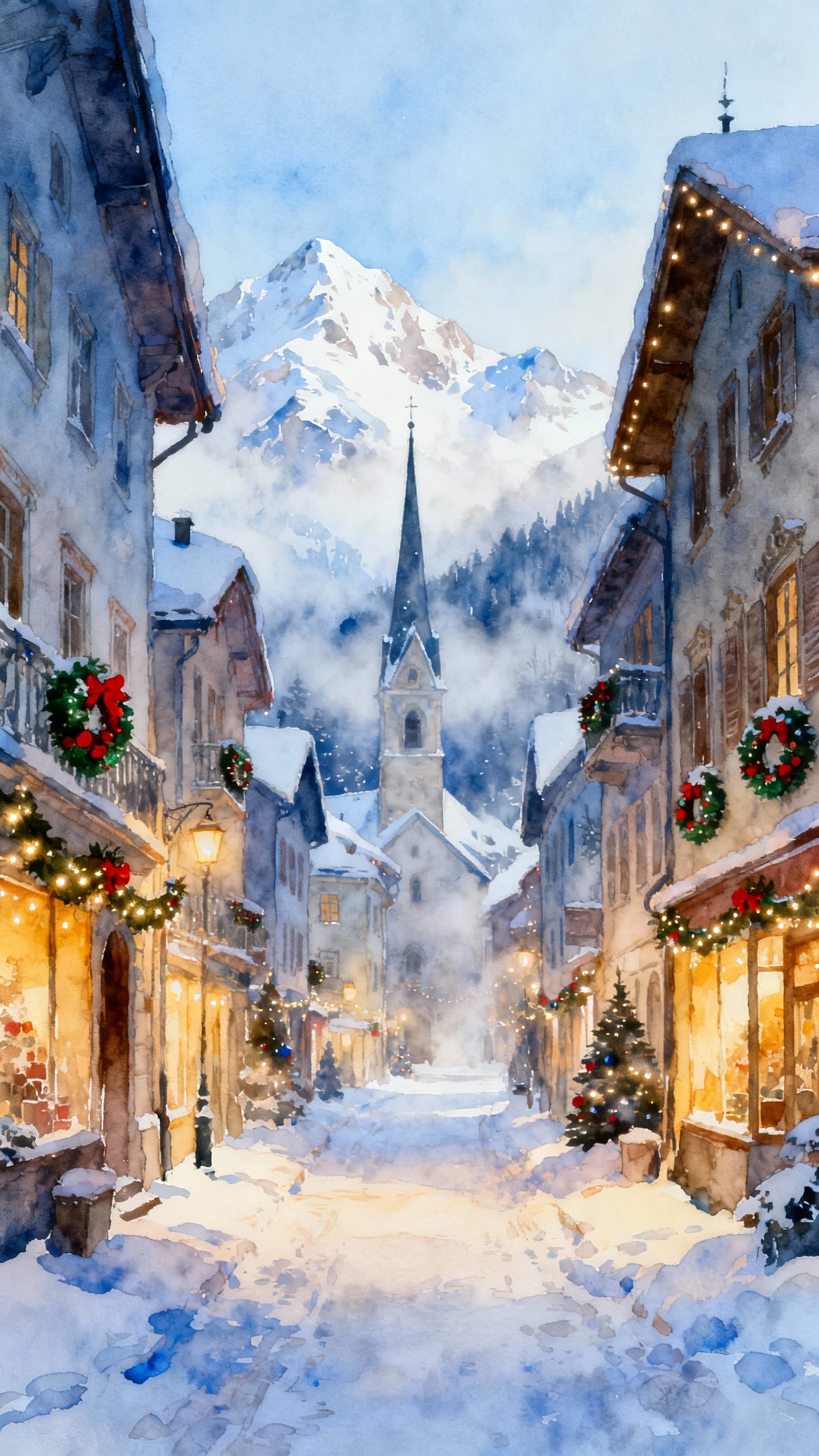Pueblo Nevado de Navidad Acuarela - 4K Fondos de Pantalla