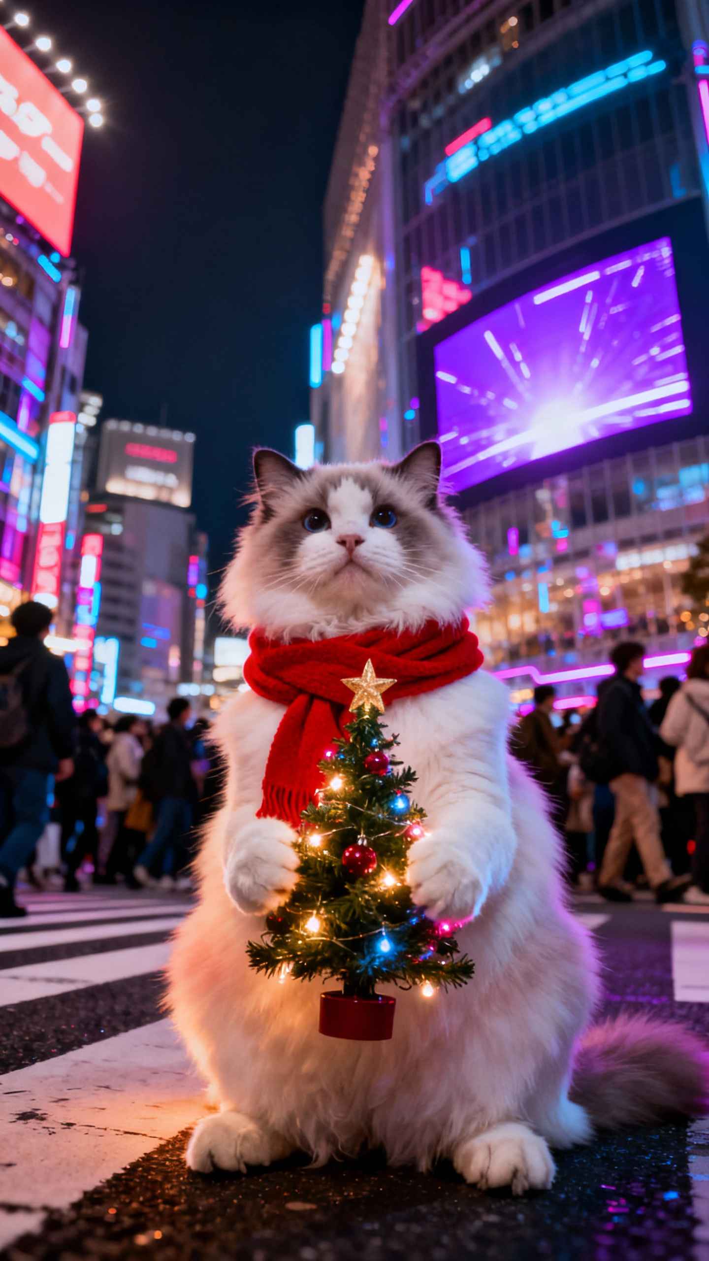 Christmas Ragdoll Cat in Tokyo - 4K Mobile Wallpaper