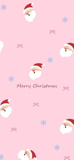 ピンクの背景にサンタの顔、雪の結晶、リボンが並んだ「Merry Christmas」の文字入りスマホ用壁紙。