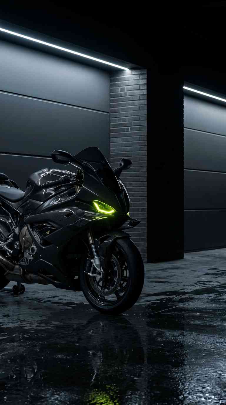 Schwarzes Sportmotorrad Garage - 4K Wallpaper