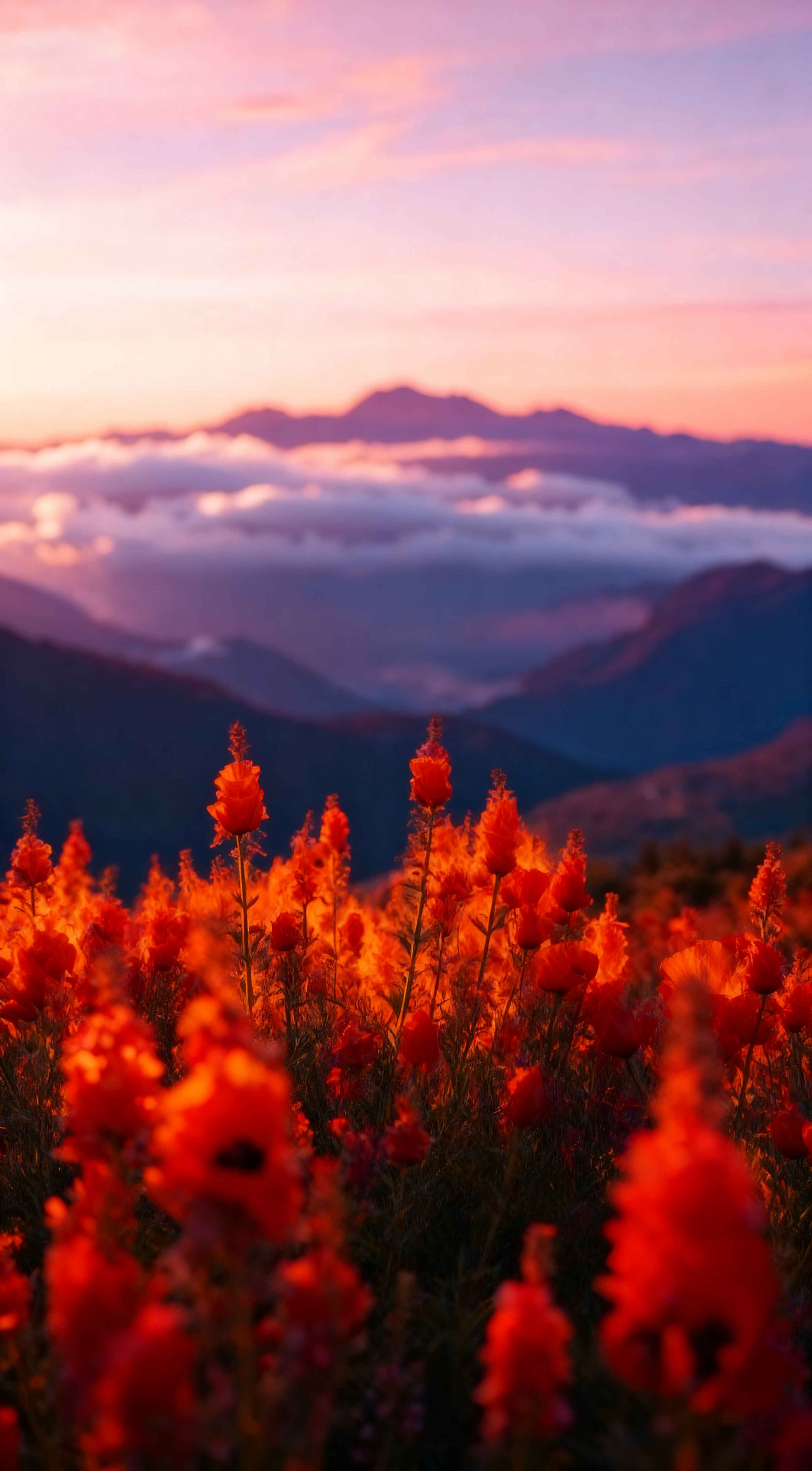 Red Mountain Flowers at Sunset - 4K Wallpaper