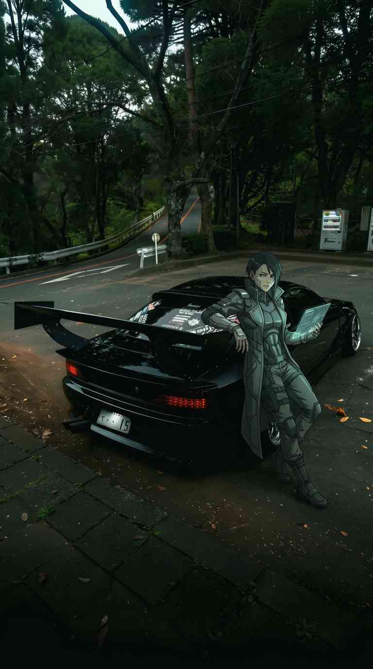 Anime-Cyberpunk-Frau mit digitalem Tablet lehnt an einem schwarzen Sportwagen auf einer Bergstraße.