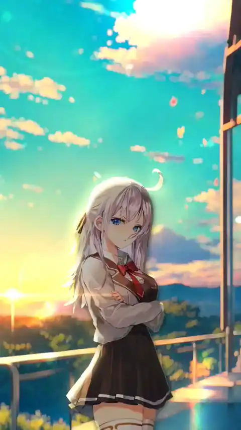 Animated illustration of Alya from Roshidere in a school uniform standing on a balcony during a golden sunset with cherry blossoms falling.