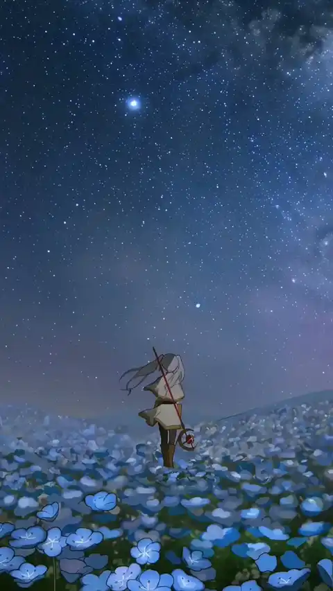 Starry Night Anime Girl & Blue Flowers 4K Live Wallpaper