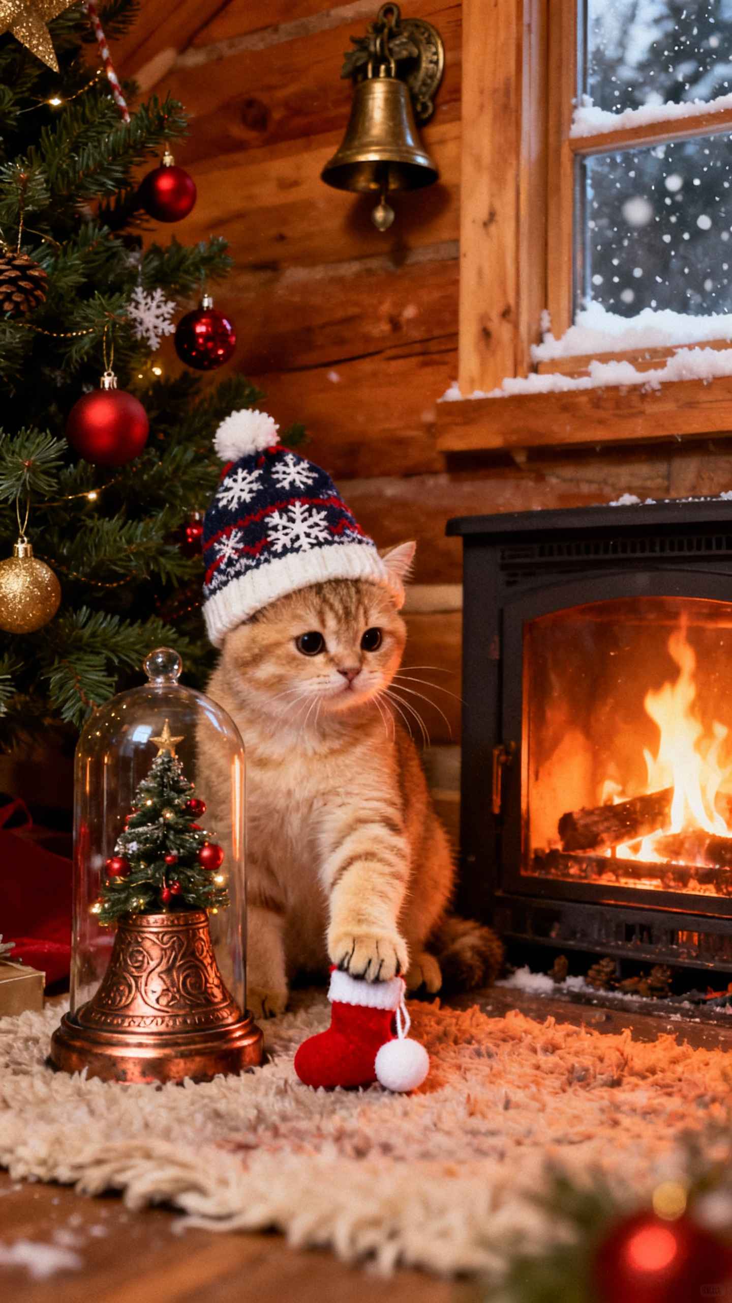 Christmas Kitten Cozy Fireplace - 4K Wallpapers