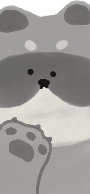 モノクロの柔らかいタッチで描かれた可愛い柴犬の顔と肉球のイラスト。