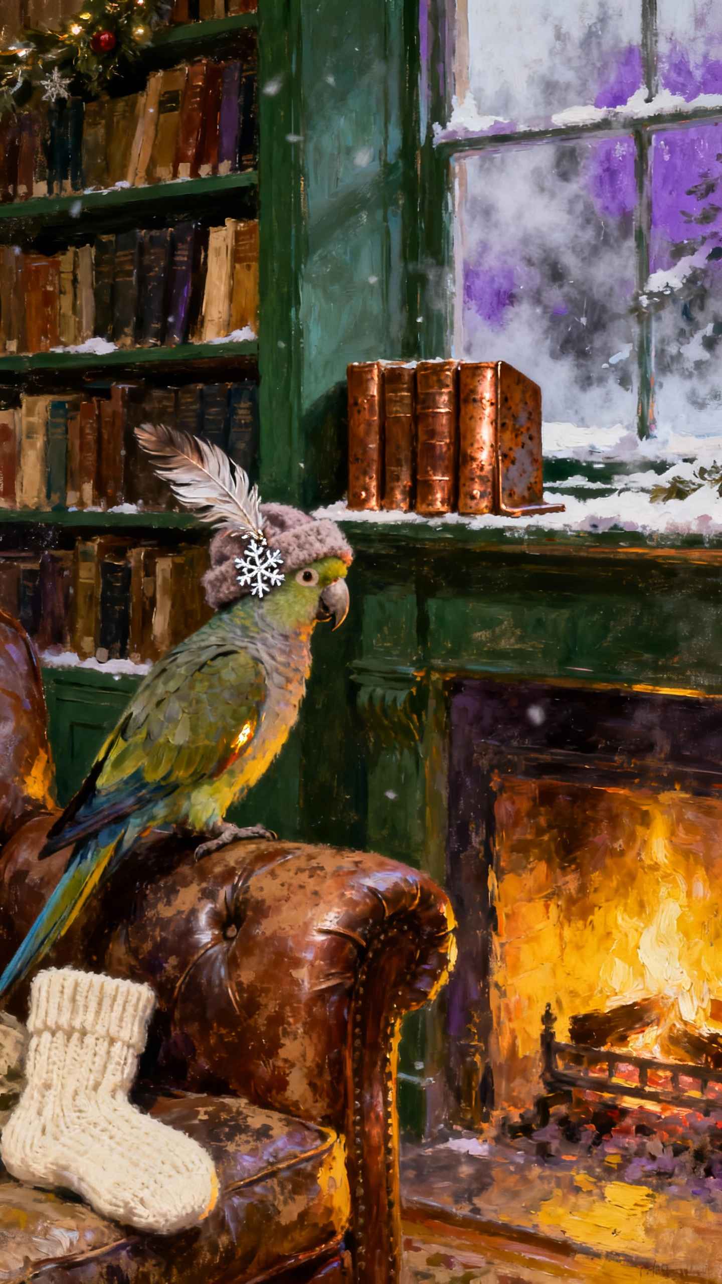 冬の図書館とインコ - 4K 高画質壁紙