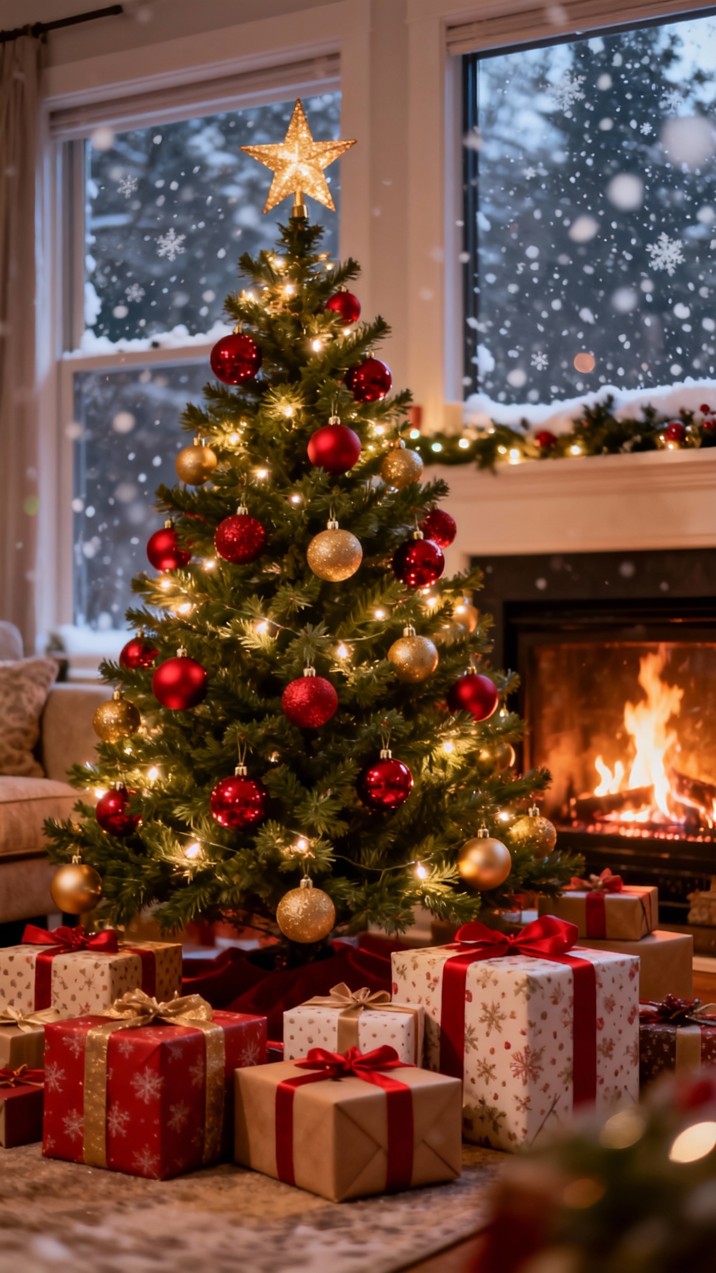 クリスマスツリーと暖かい暖炉 - 4K待ち受け