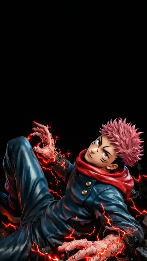 An animated 4K live wallpaper of Yuji Itadori from Jujutsu Kaisen surrounded by glowing red cursed energy sparks on a black background.