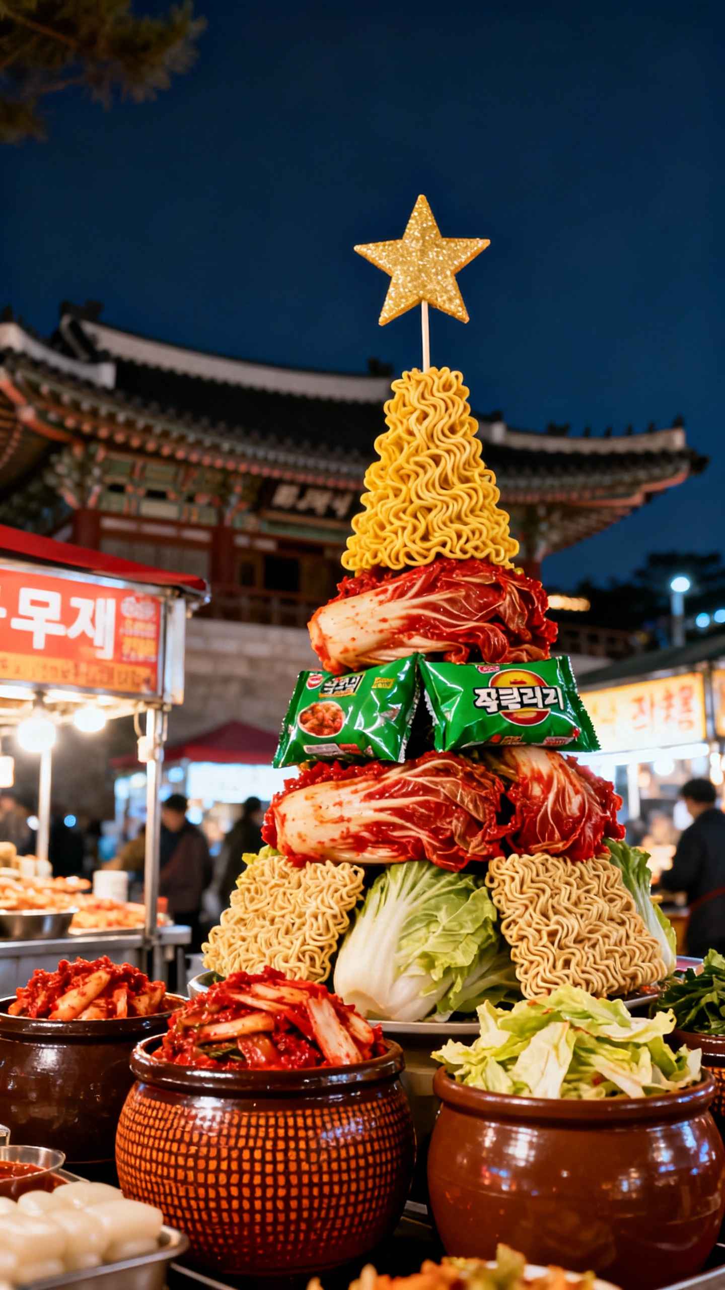 Sapin de Noël Coréen Kimchi et Ramen - 4K Fond d'écran