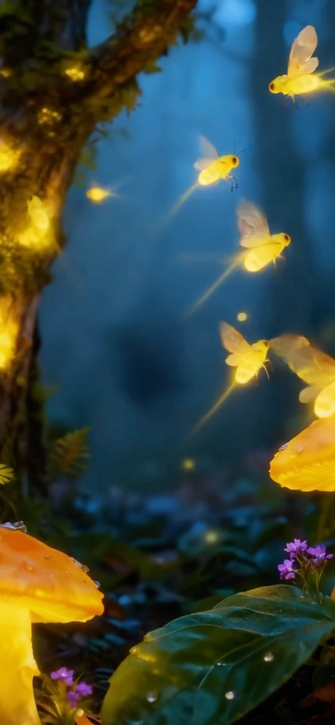 Magical Fireflies & Glowing Mushrooms Live Wallpaper