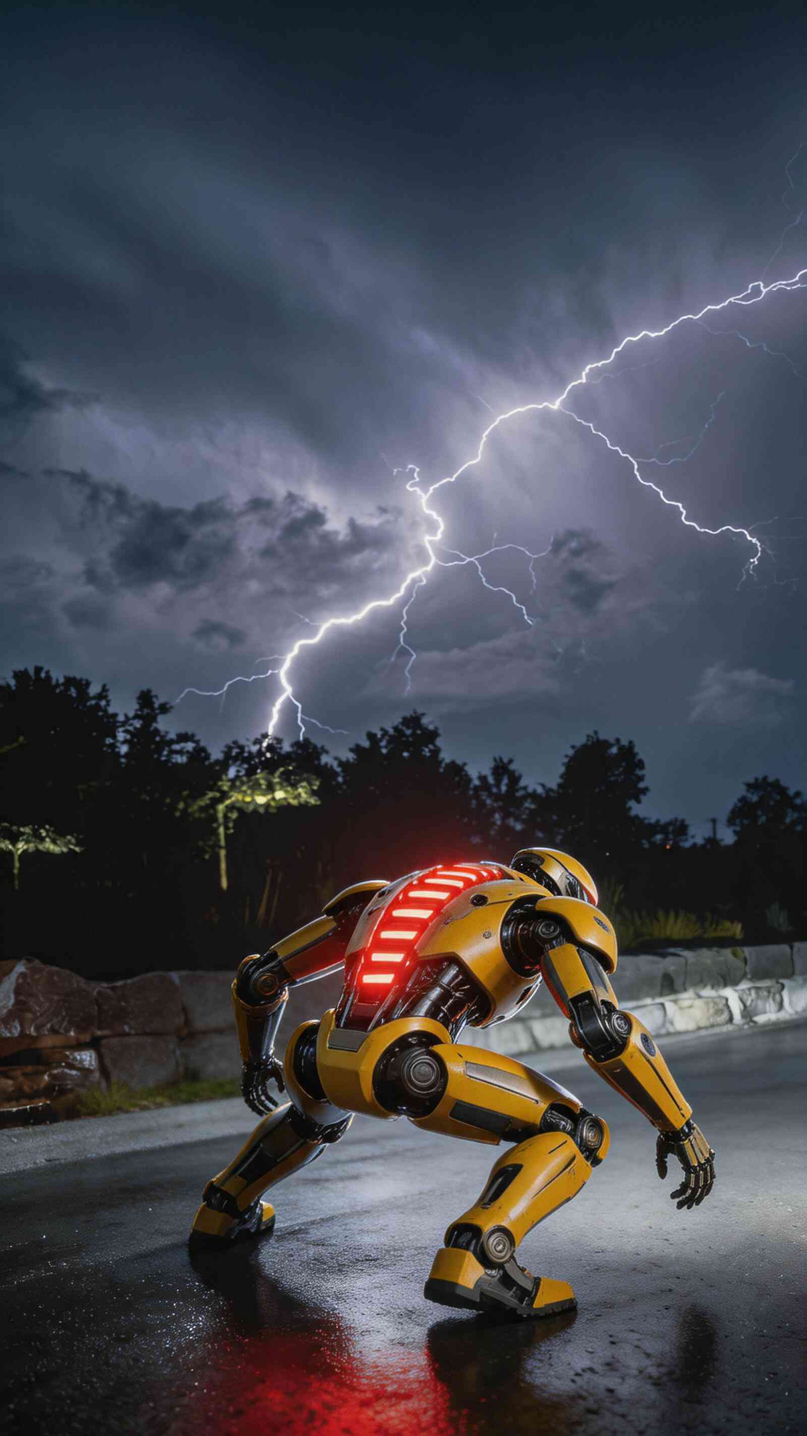 Futuristic Robot Under Lightning Storm Wallpaper