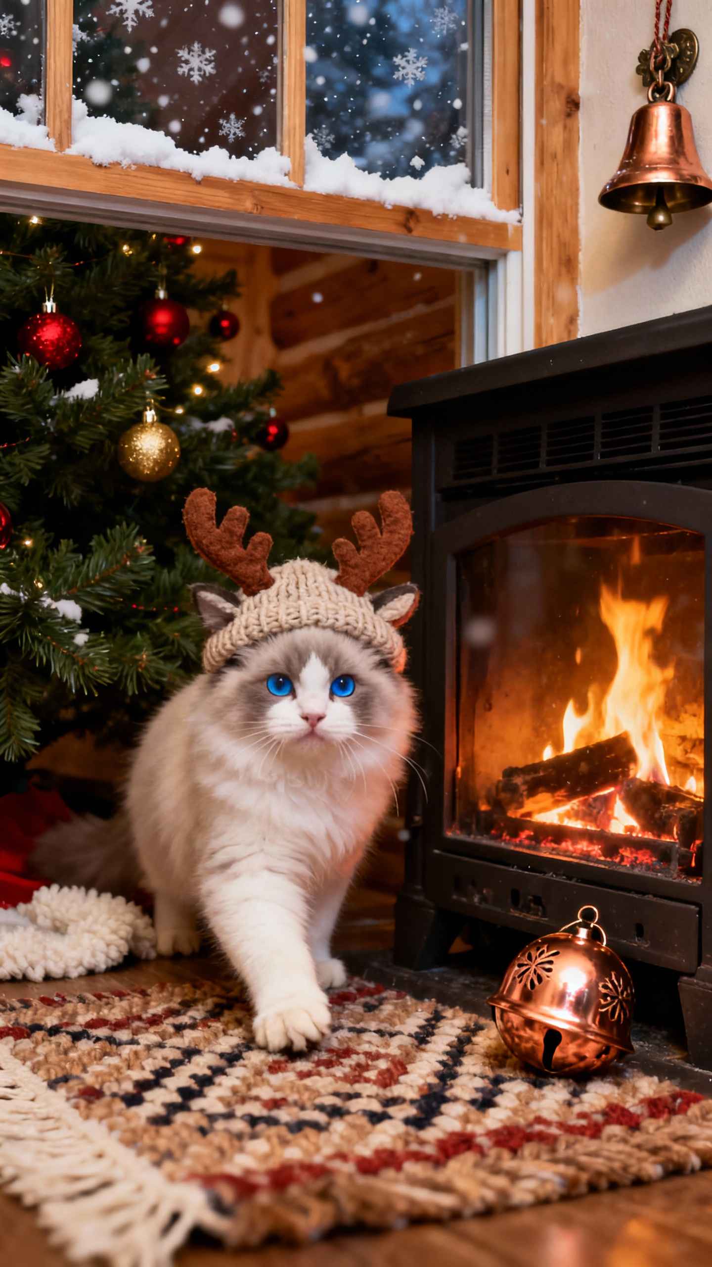 Weihnachtskatze & Kaminfeuer - 4K Wallpaper