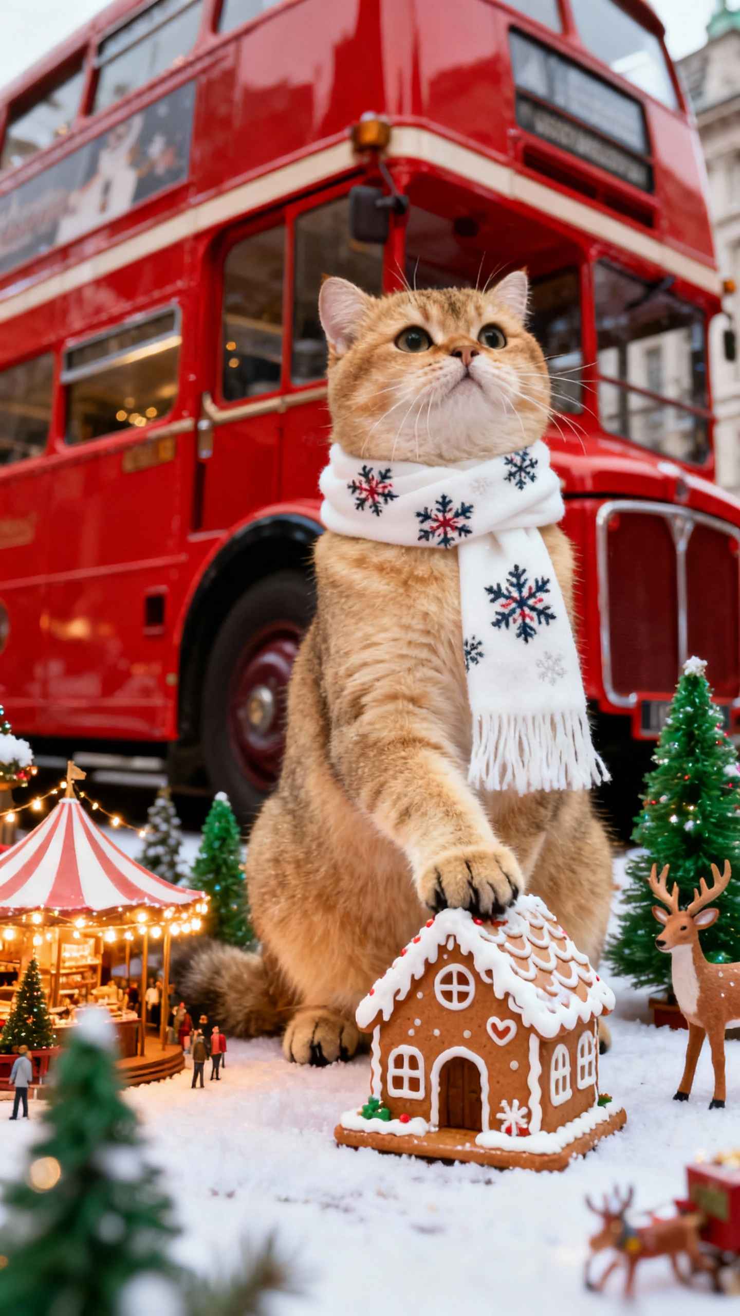 Winterkatze & Lebkuchenhaus - 4K Wallpaper