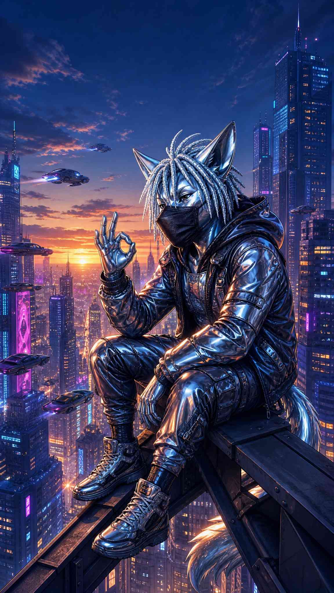Cyber Chrome Wolf Cityscape - 4K Wallpaper