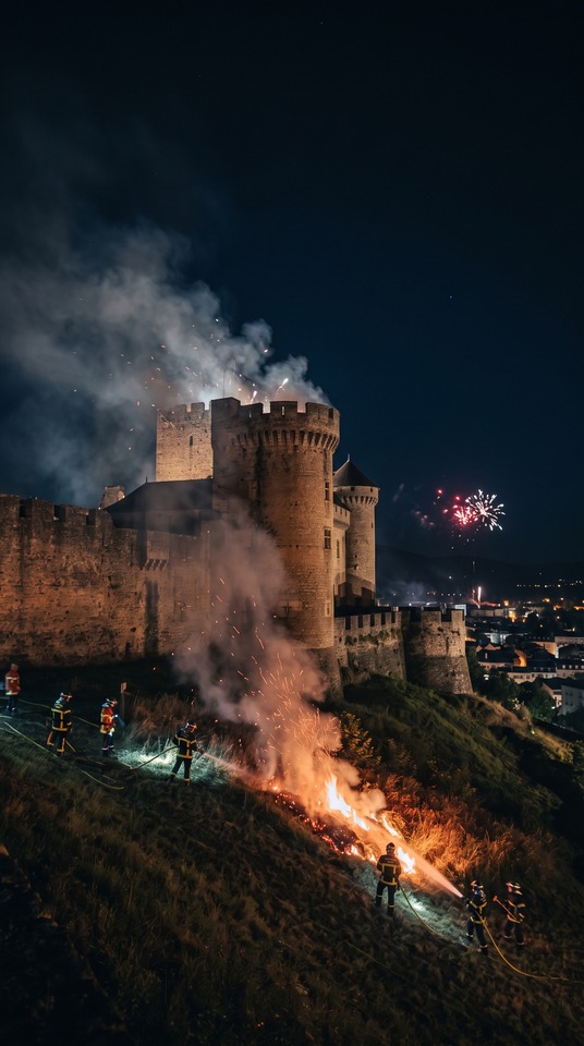 14 juillet feux d artifice & Lourdes Castle Fire - 4K Wallpaper