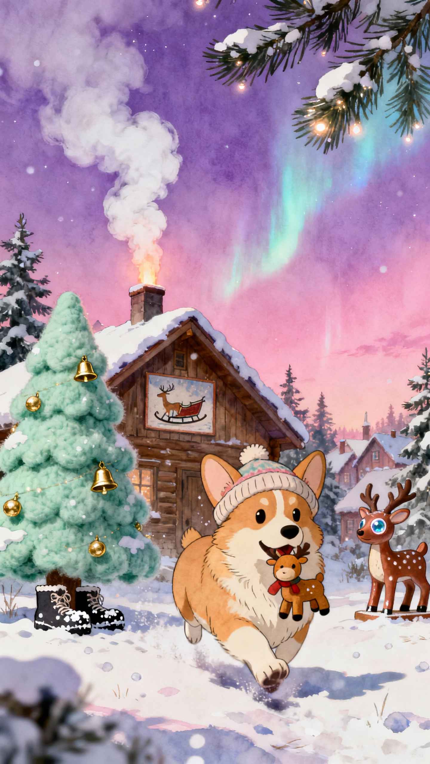 Weihnachts-Corgi Winterhütte - 4K Handy Wallpaper