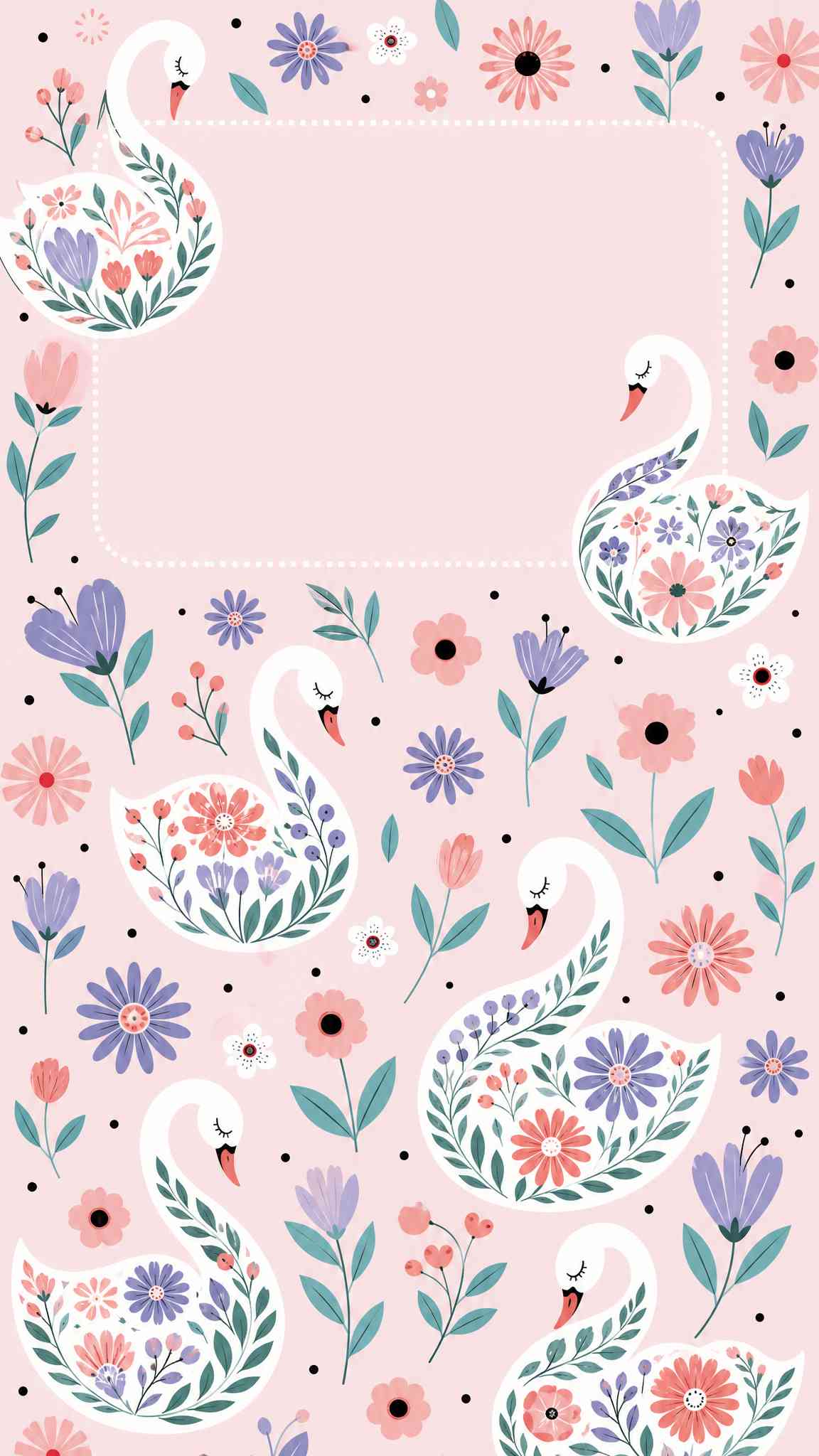 Pastel Swan Floral Folk Art - 4K Wallpaper