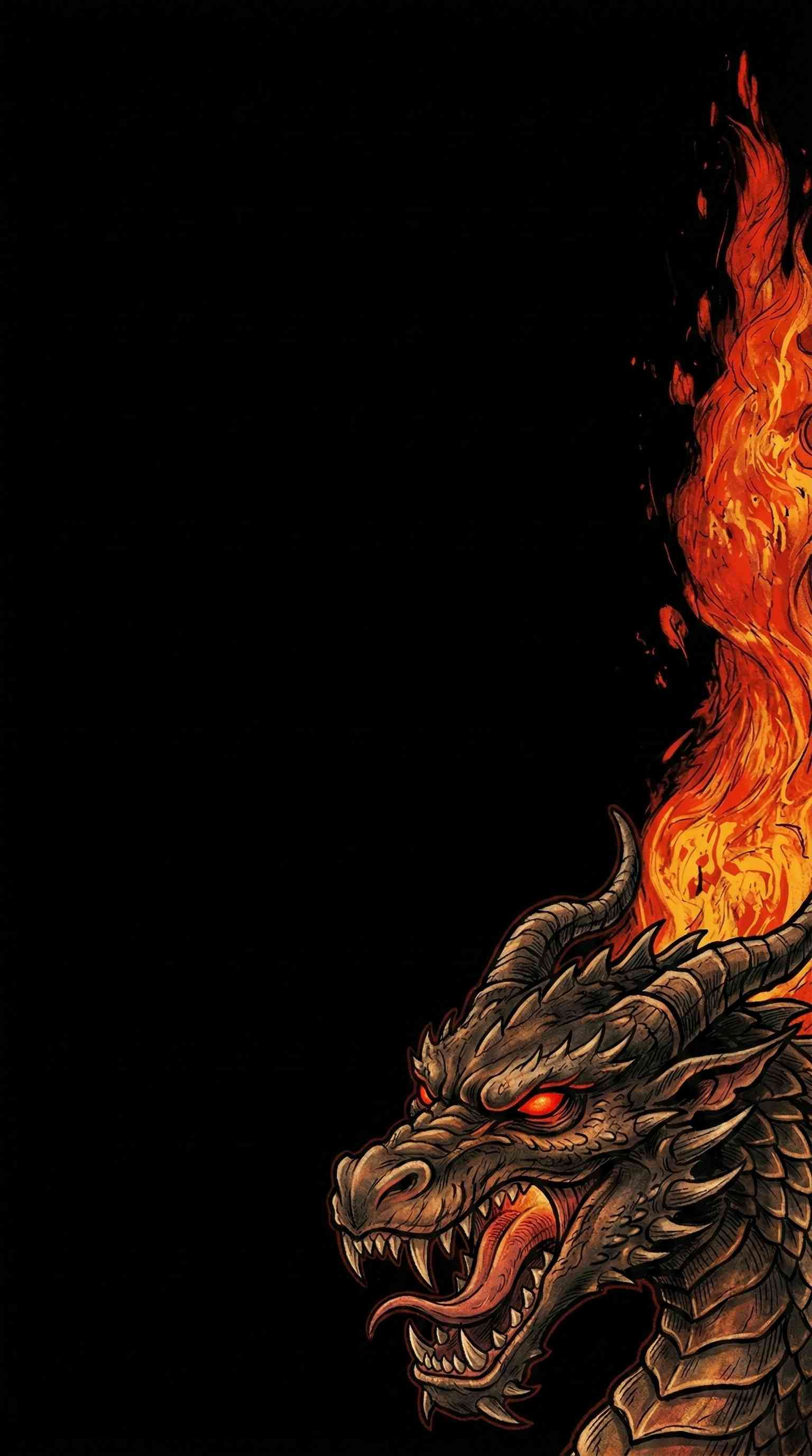 Drache mit roten Augen & Feuer - 4K Handy Wallpaper