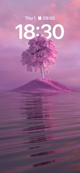 Un árbol de color rosa intenso sobre un montículo en un lago púrpura con nubes suaves y reflejos realistas.