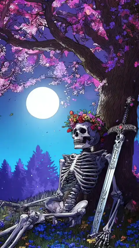 Skelett & Kirschblüten bei Nacht - Live Wallpaper