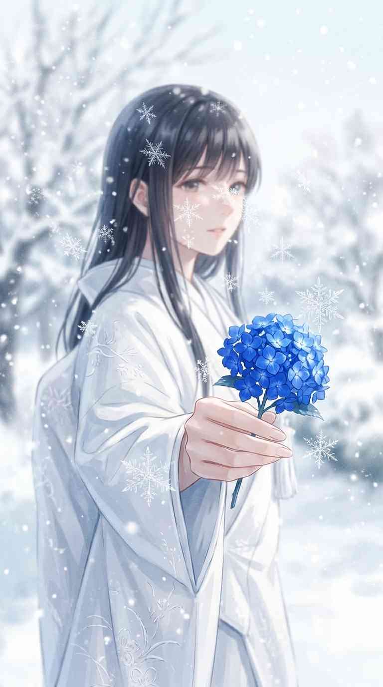 Fille Anime Hiver Hortensia Bleu - Fond d'Écran 4K