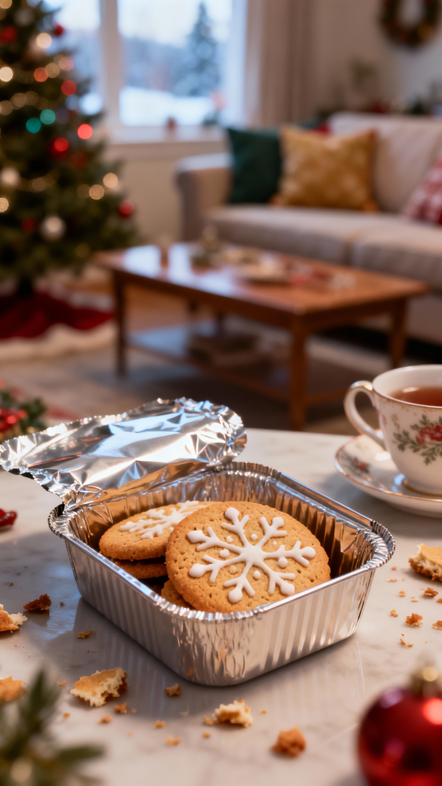 눈꽃 모양 아이싱이 된 쿠키가 담긴 알루미늄 용기와 배경의 흐릿한 크리스마스 트리와 찻잔.