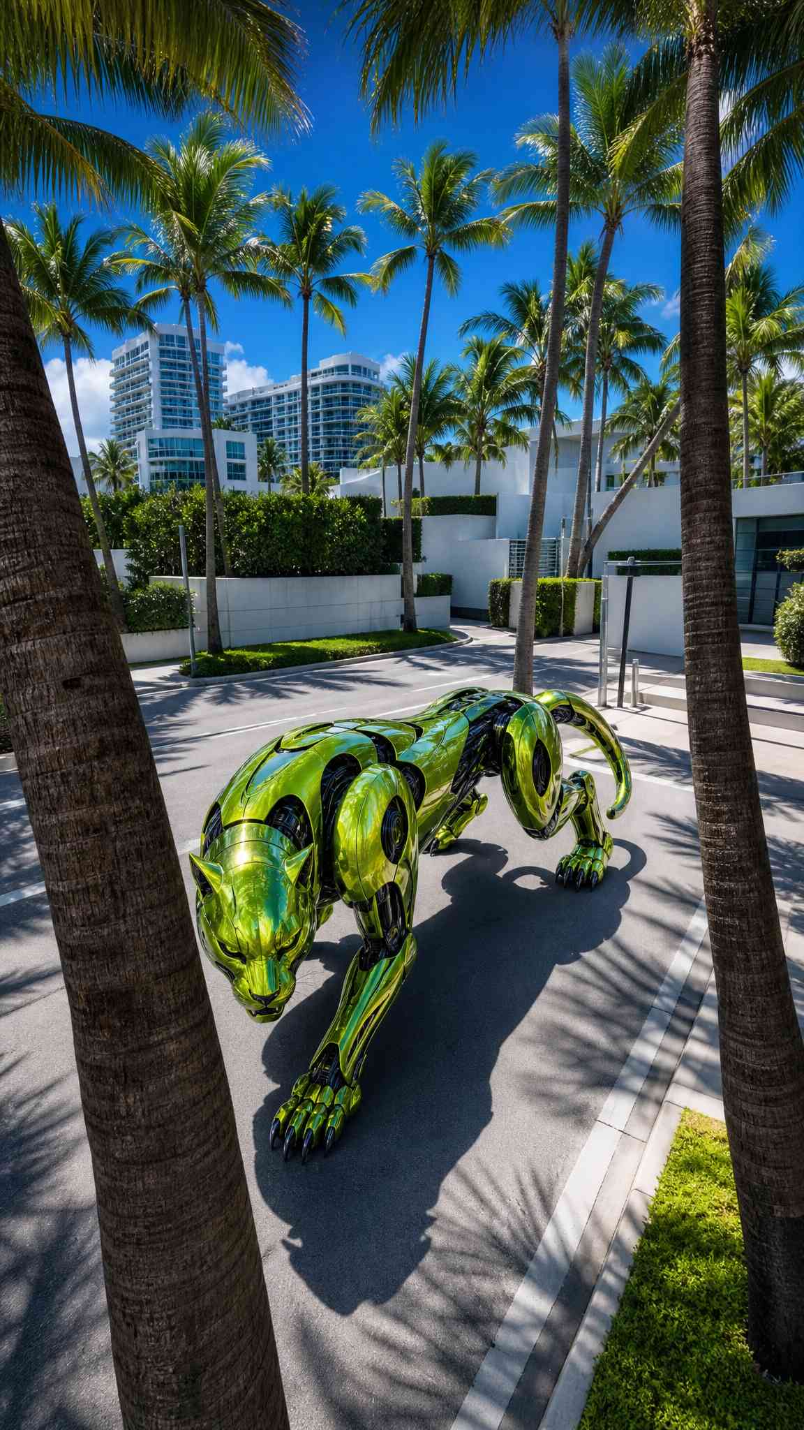 Robotic Green Panther Sculpture - 4K Phone Background