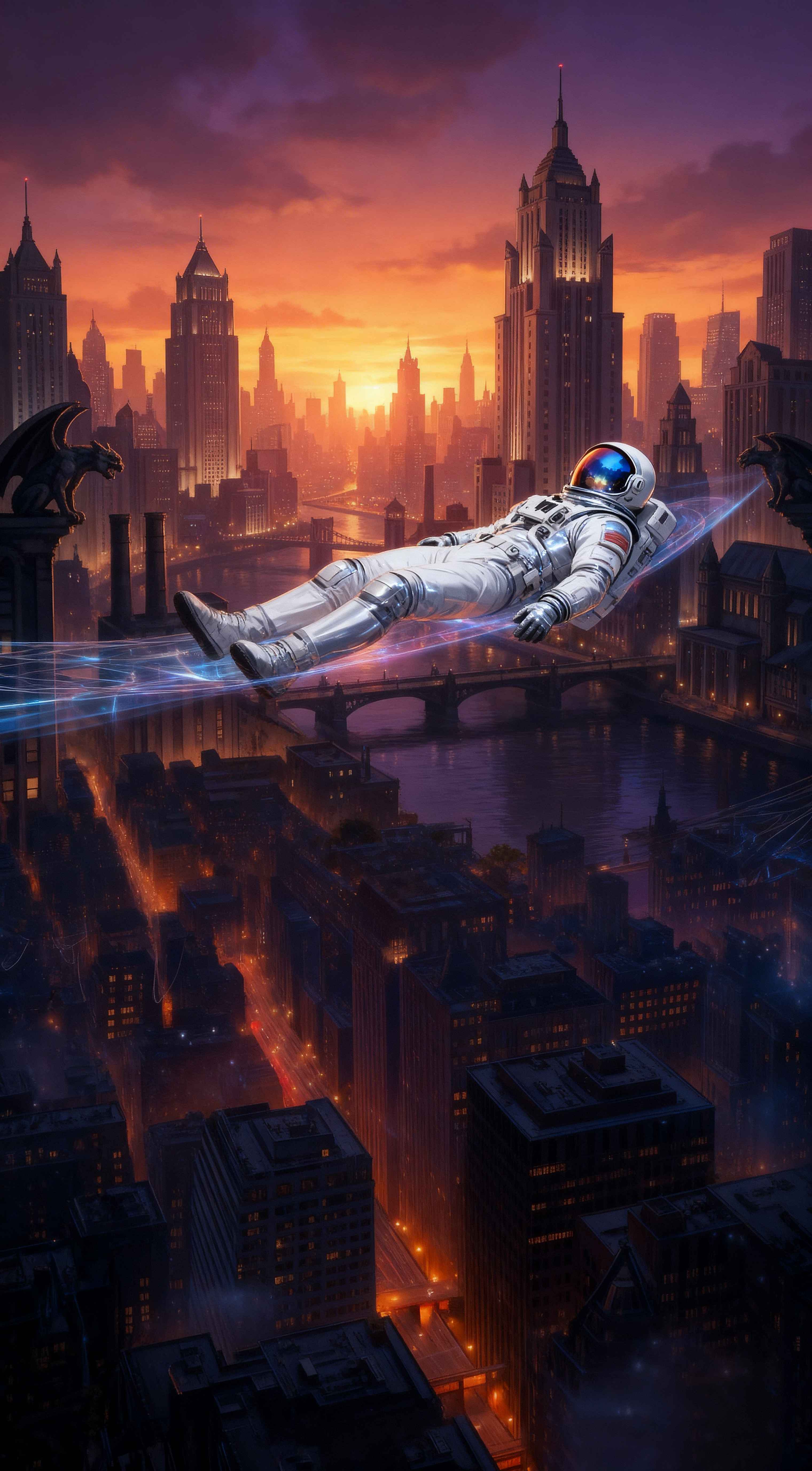 Astronaute Flottant sur une Ville Gothique - Fond d'écran 4K