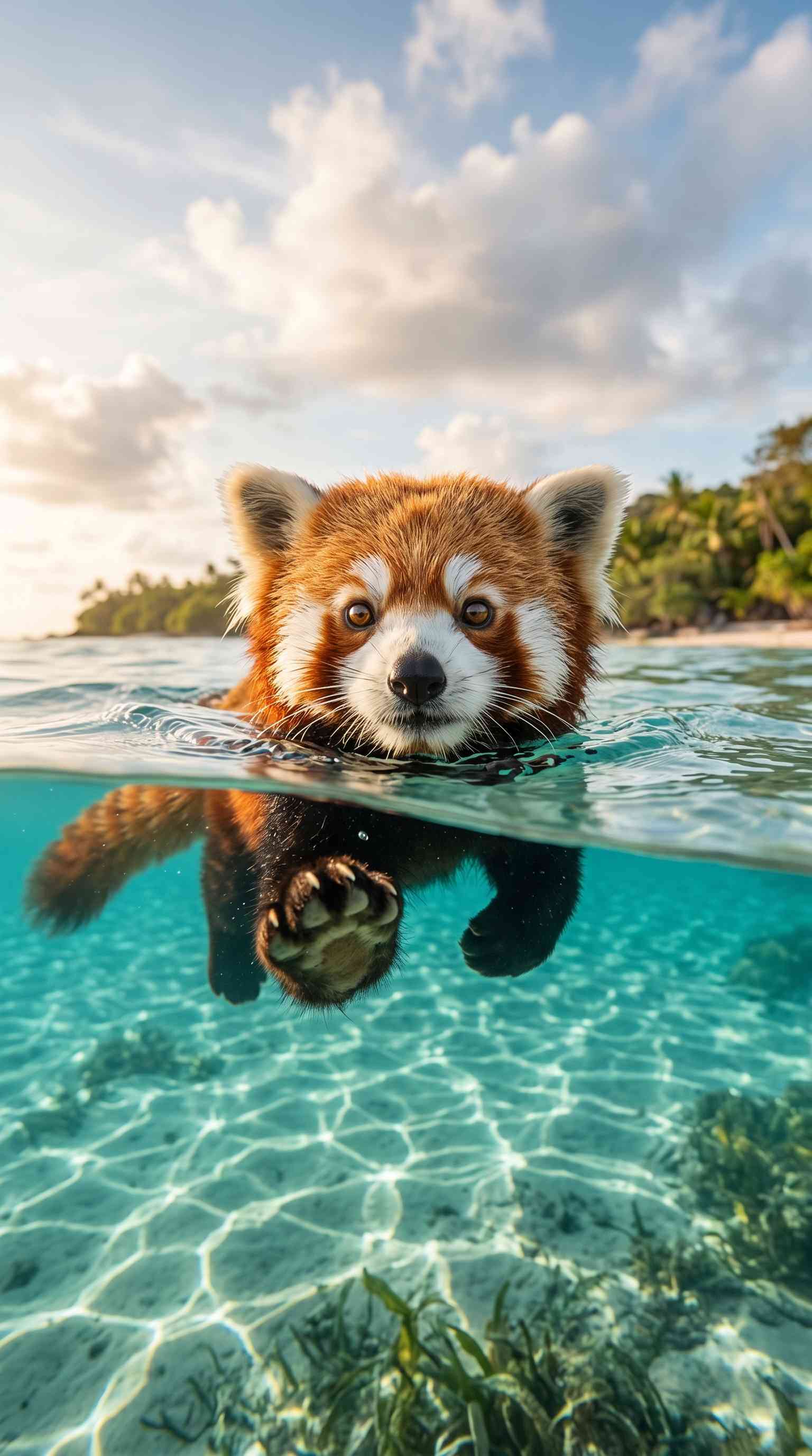 Swimming Red Panda Tropical - 4K Wallpaper