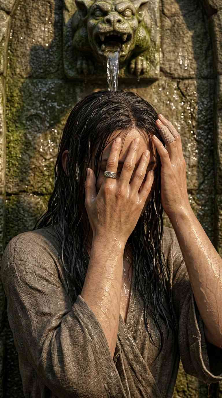 Frau am Wasserspeier - 4K Hintergrundbild