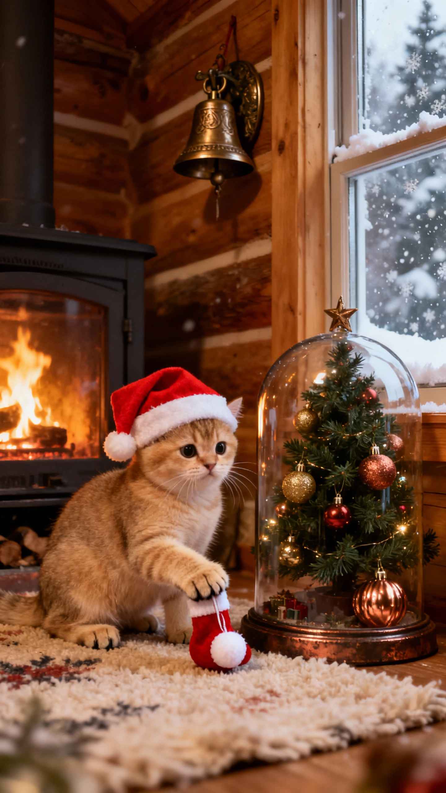 Weihnachtskatze & Kaminfeuer - 4K Hintergrundbild