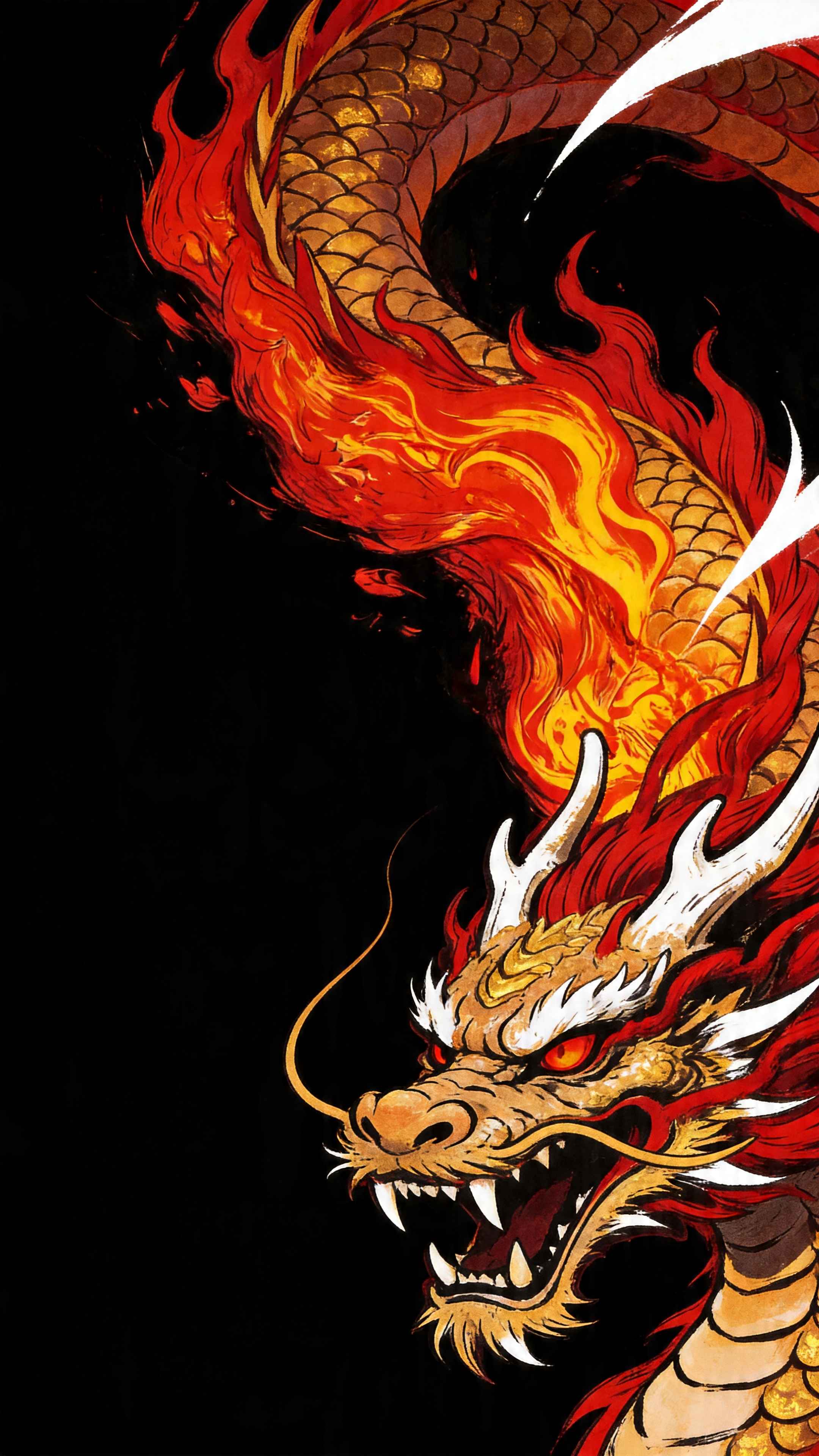 Golden Fire Dragon Ink Illustration - 4K Wallpaper