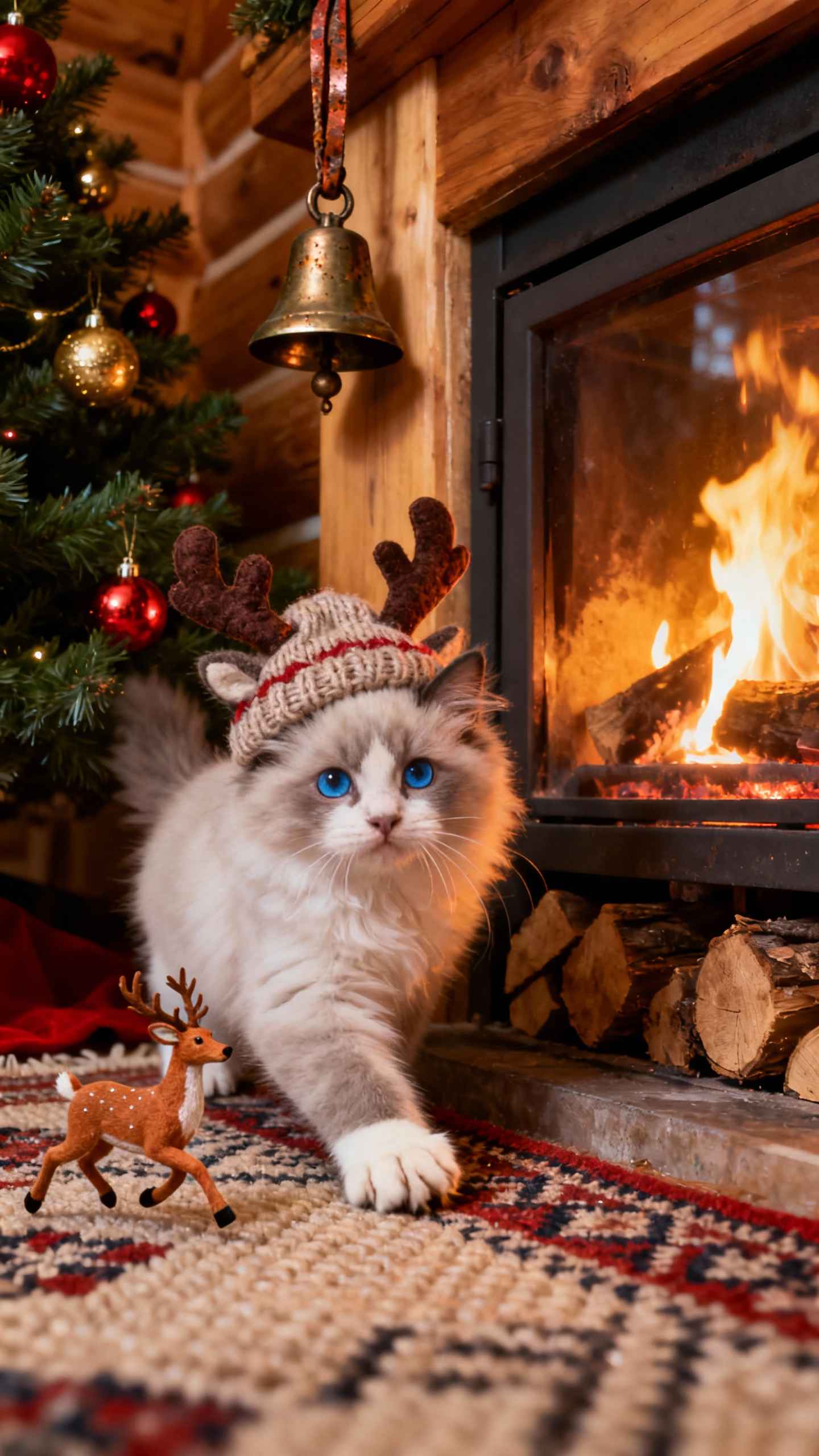 Chat de Noël Bonnet de Renne - Fond d'Écran 4K
