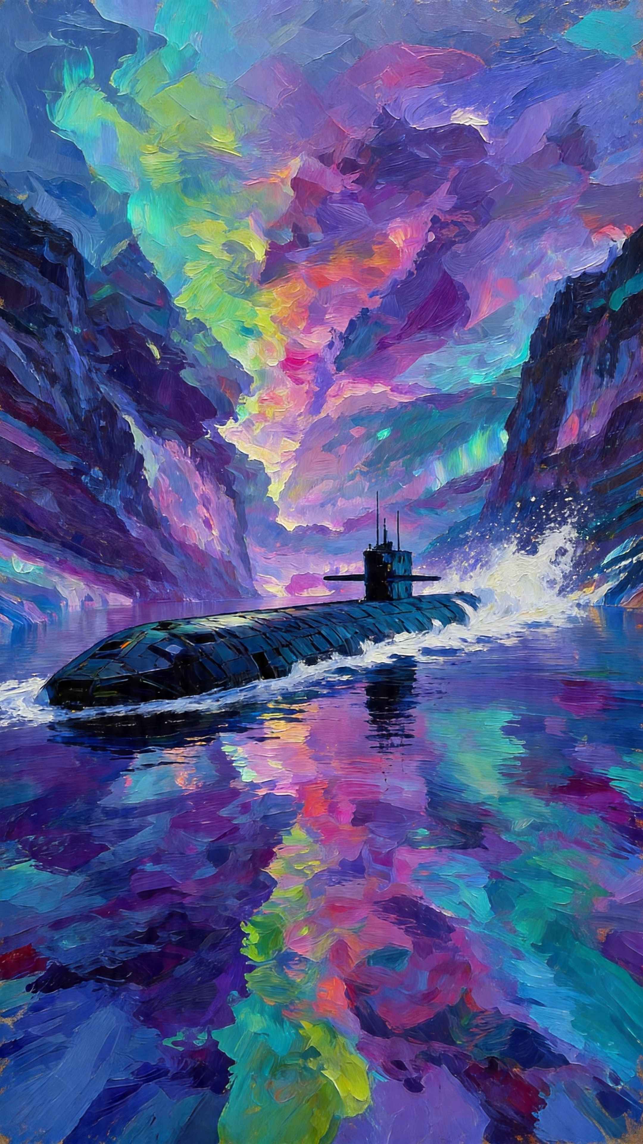 Artistic Submarine & Northern Lights - 4K Phone Background