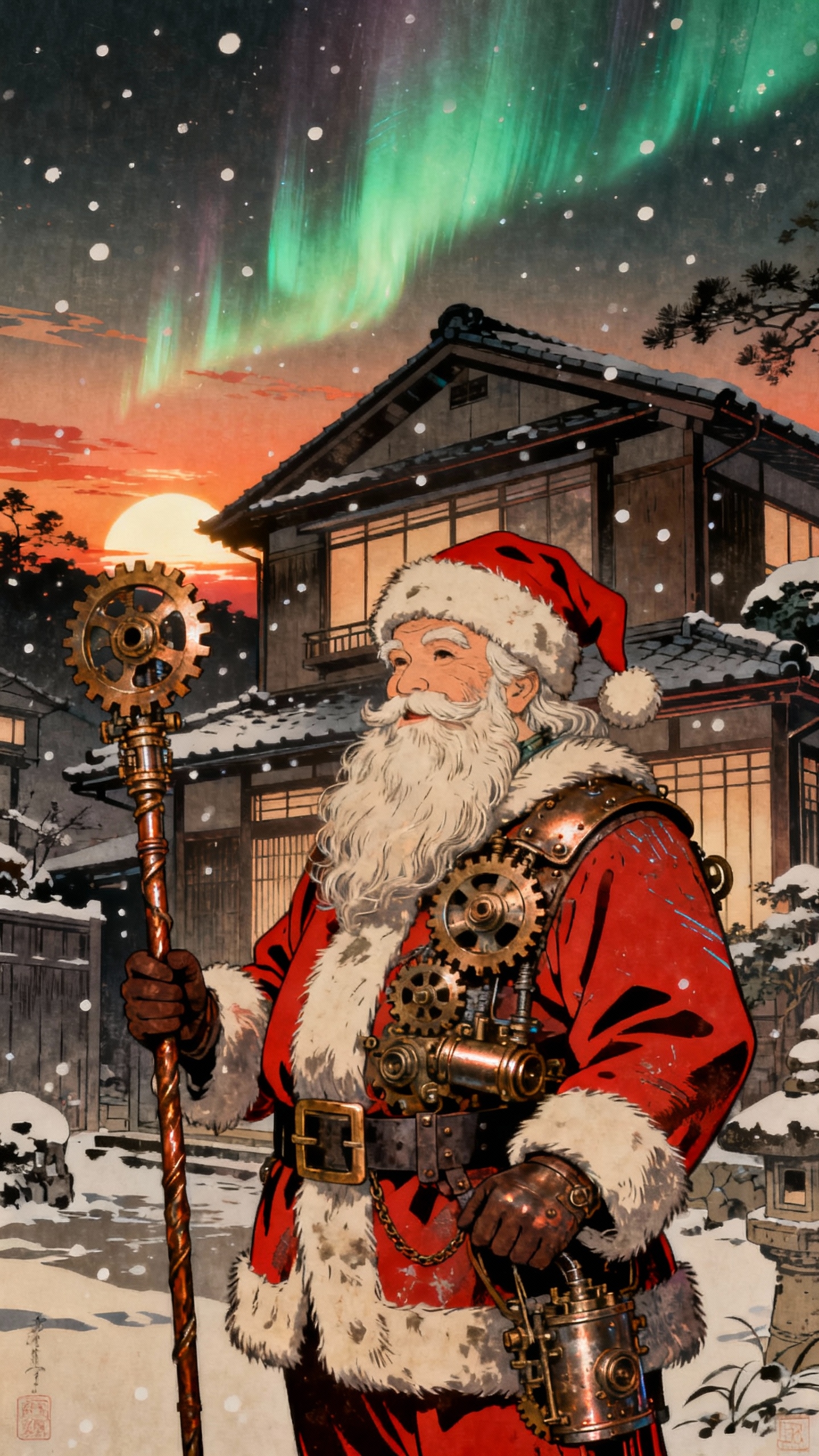 Père Noël Steampunk Ukiyo-e - Fond d'écran 4K