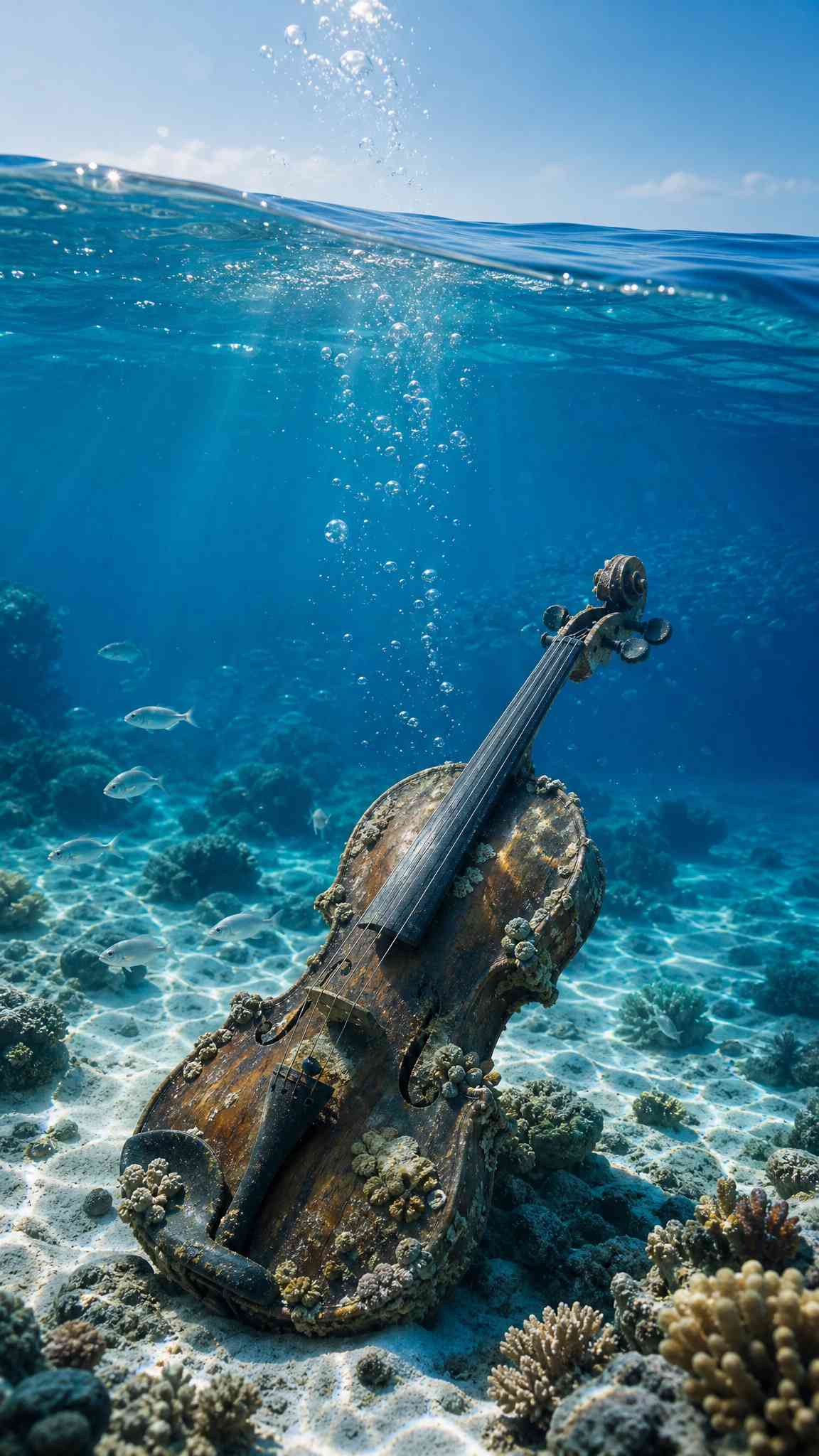 Submerged Violin in Coral Reef 4K Wallpaper